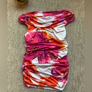 Cache Cowl Ruche Sleeveless Peephole back Floral Print Top S #1